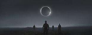 silhouette of four people under eclipse wallpaper, digital art, landscape, eclipse , monochrome HD wallpaper