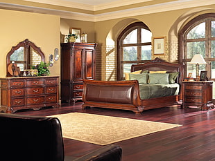 four piece brown wooden bedroom furniture set HD wallpaper