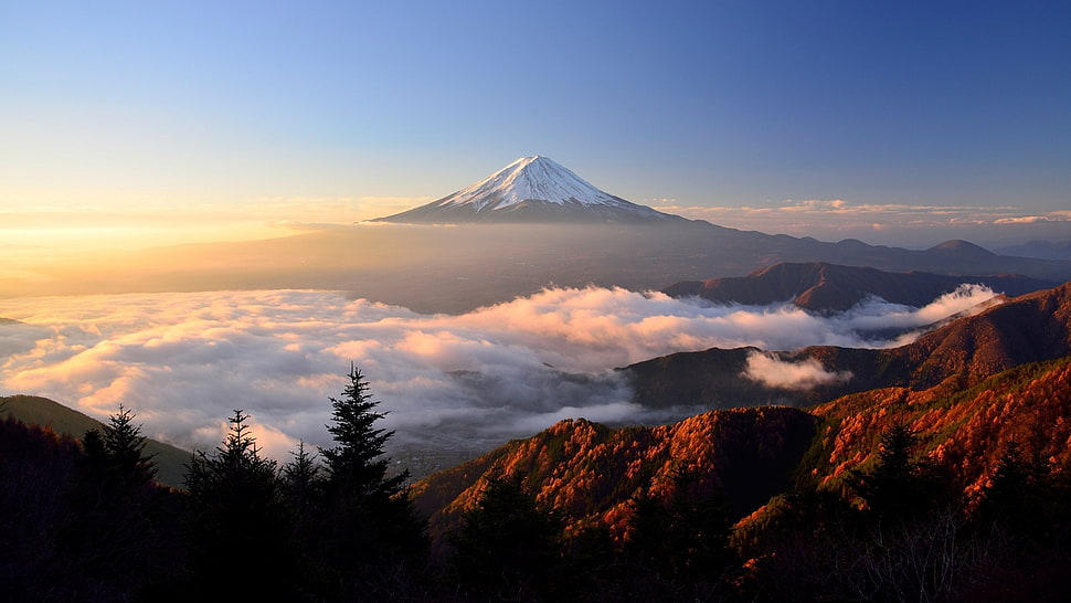 Mount Fuji Japan, Mount Fuji, clouds, trees, sky HD wallpaper