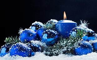 blue pillar candle and bauble balls, snow, candles, Christmas ornaments  HD wallpaper