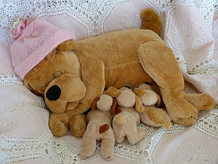 brown dog with puppies plush toys HD wallpaper