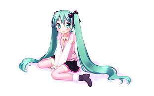 teal long haired female anime character HD wallpaper
