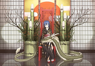 blue hair female anime character sitting on chair