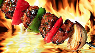 screwed grilled meat, food, meat, fire, barbecue HD wallpaper