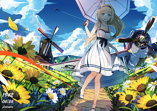 female character in white and black dress walking between sunflowers