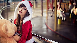 women's red and white Santa Claus hoodie, women, Asian, brunette, long hair