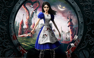blue and white Alice character game poster