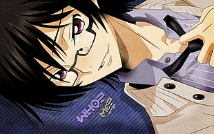 male anime character in purple shirt with brown jacket digital wallpaper