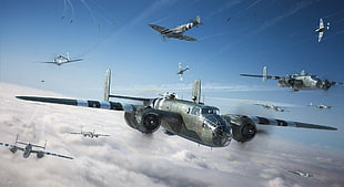 gray fighter plane, World War II, military aircraft, aircraft, Mitchell