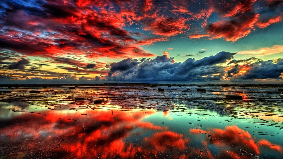 red and gray clouds at sunset HD wallpaper