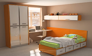 orange and white wooden bed frame and white wooden wardrobe