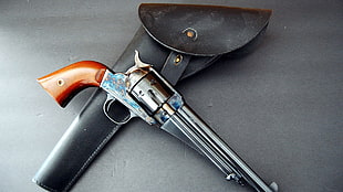 brown handle gray revolver pistol, pistol