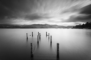 grayscale photo of wooden dock