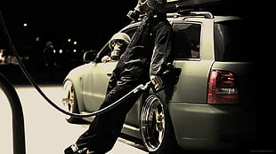 men's black coveralls and gas mask, Anonymous, gas masks, gas stations, lowered HD wallpaper