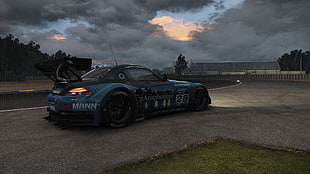 blue and black racing car, car