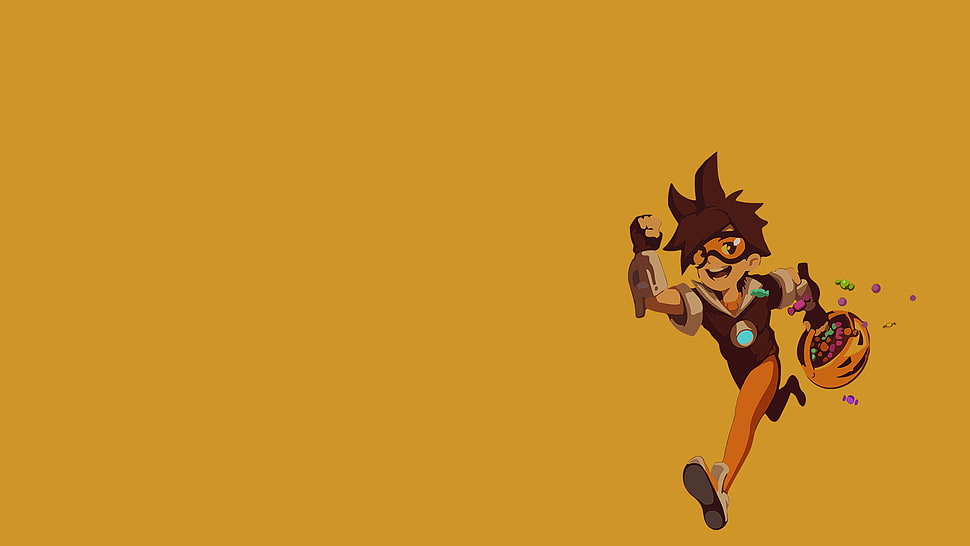 brown-haired male cartoon character digital wallpaper, Overwatch, tracer, yellow HD wallpaper