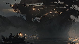 gray gallion ship, ghost, sailing ship, lantern, artwork