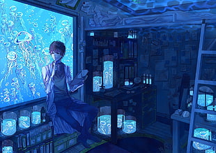 male anime character wallpaper, anime, aquarium, scientists, laboratories