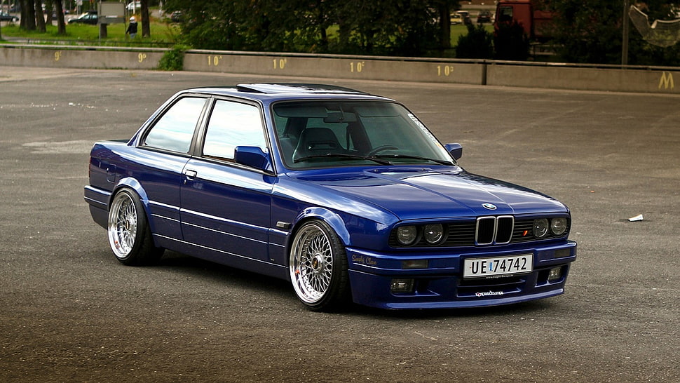 blue BMW coupe, BMW, Stance, BMW E30, BBS HD wallpaper