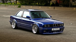 blue BMW coupe, BMW, Stance, BMW E30, BBS