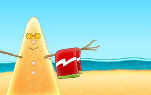 sandman with red towel illustration, cartoon, artwork, beach