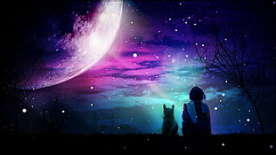 earth moon with purple light illustration, artwork, digital art, fantasy art, space