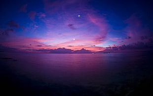 landscape photography of calm body of water, sea, purple, sunset