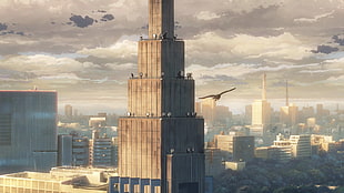 birds perched on high-rise concrete building illustration