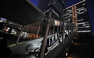 photography of people riding escalator during night time