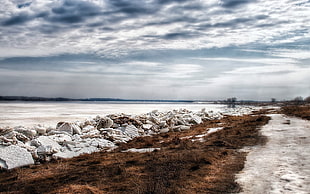 gray stone near body of water HD wallpaper