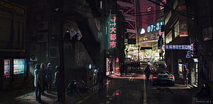 game scene wallpaper, cyberpunk, cityscape, drawn, water
