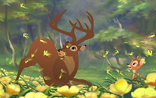 Bambi illustration, Bambi, deer, yellow flowers, Disney
