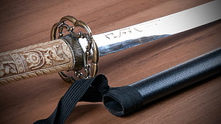 silver setel katana sword with scabbard, sword, katana, Japanese, artwork