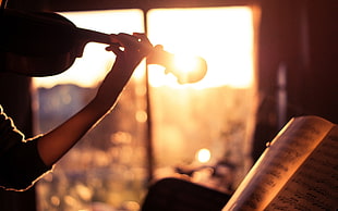 photo of person playing violin beside the window under golden hour