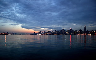 city in nightime, city, photography, water, sea
