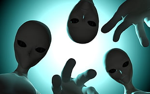 three white alien 3D digital wallpaper, aliens, face