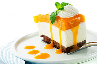 cheese cake with caramel and mint sprigs