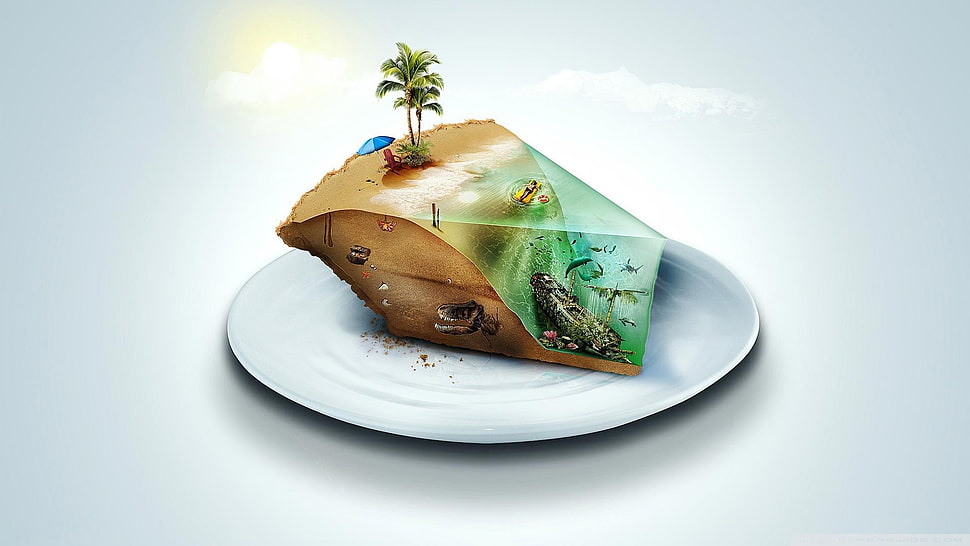 round white ceramic plate, digital art, piece of cake, beach, shipwreck HD wallpaper