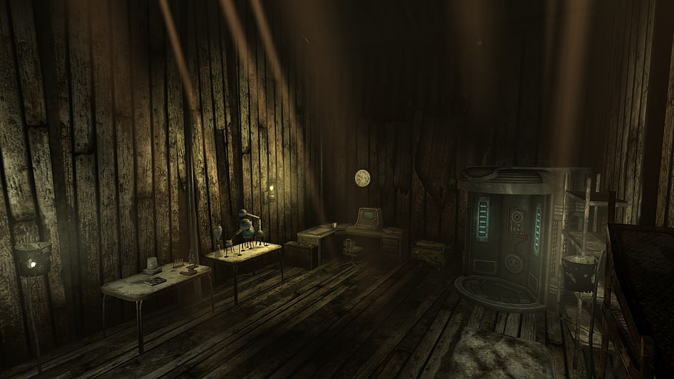 white wooden console table, Fallout, Fallout 3, laboratories, ambient HD wallpaper