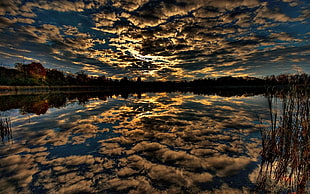black and brown floral area rug, reflection, sunset, lake, clouds