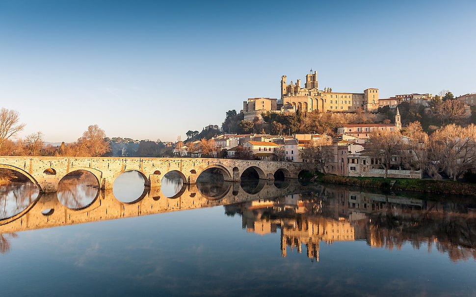 beige concrete bridge, reflection, river, architecture, castle HD wallpaper