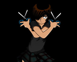 black haired male anime character holding two scissors digital wallpaper