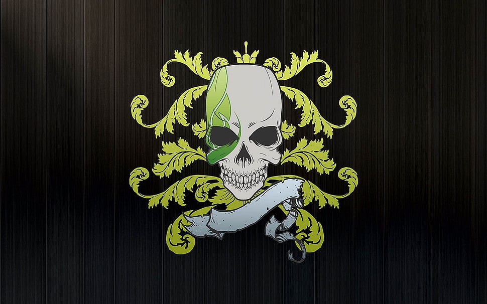 white and green skull illustration HD wallpaper