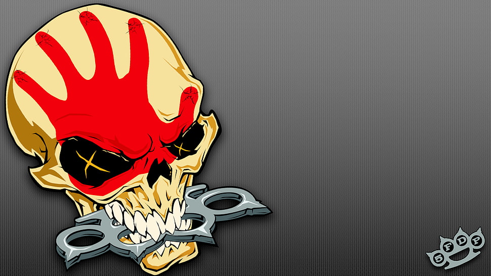 red and yellow biting gray knuckle wallpaper, 5 Finger Death Punch, skull, simple background, digital art HD wallpaper