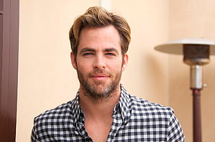 Chris Pine wearing black and white gingham top