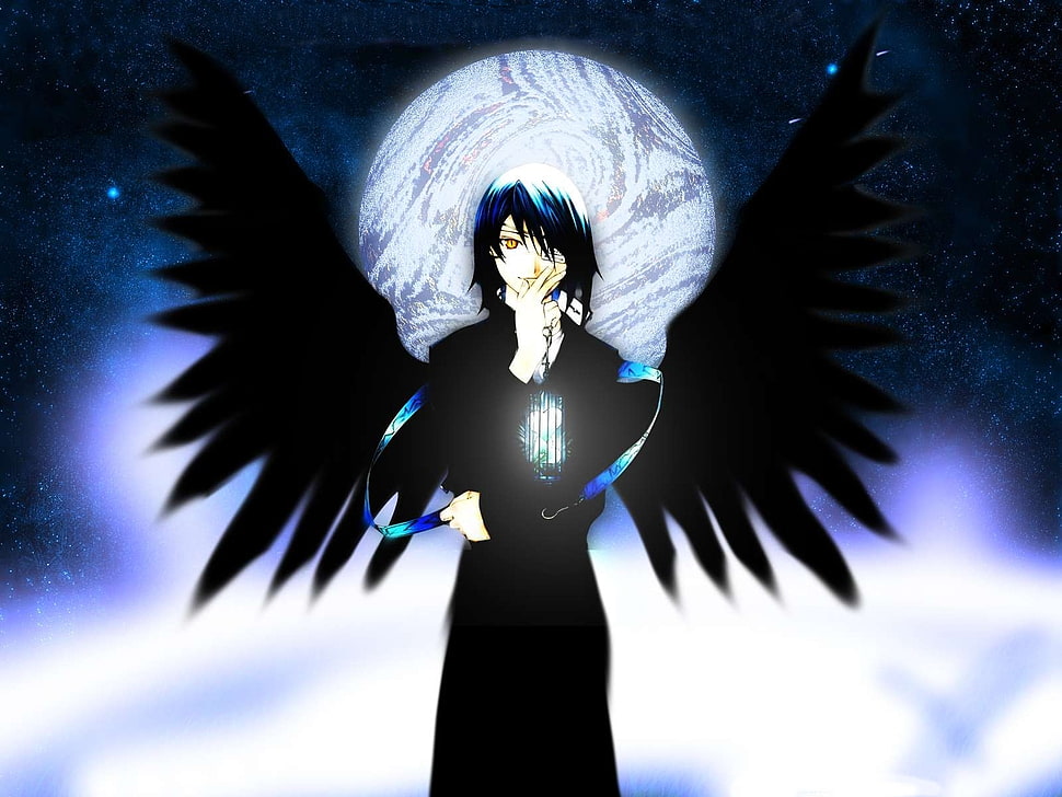 black-haired anime man with wings HD wallpaper