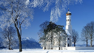 white and blue concrete building, church, snow, winter