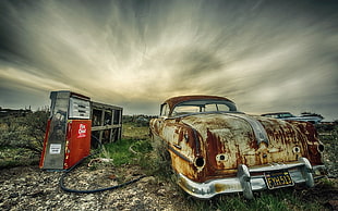 vintage brown vehicle, wreck, car, vehicle, HDR