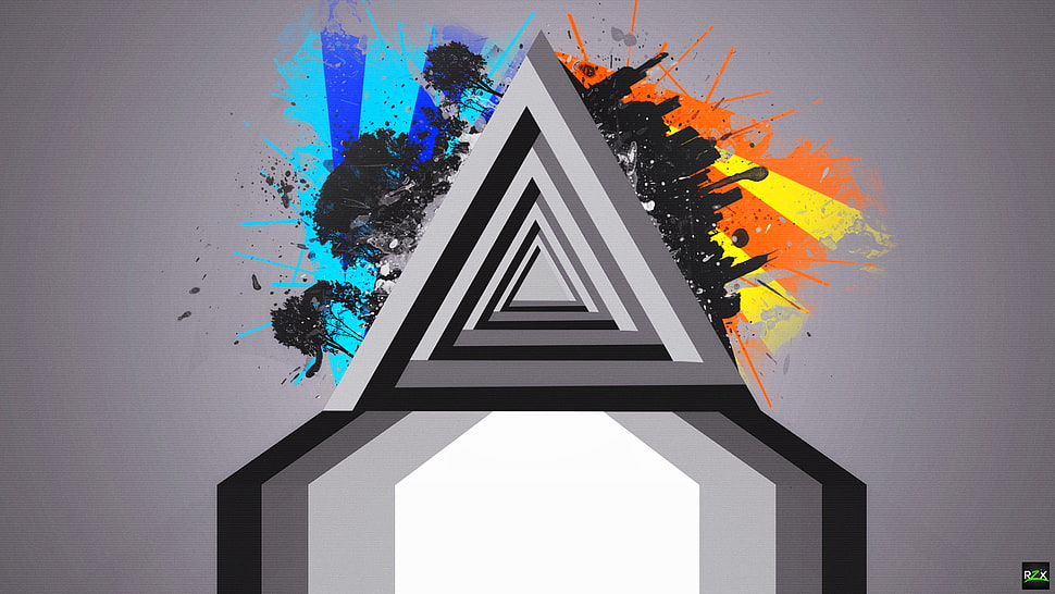 multicolored triangle, triangle, Penrose triangle, city, landscape HD wallpaper
