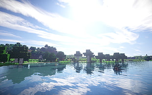body of water, Minecraft, render, screen shot, lake HD wallpaper